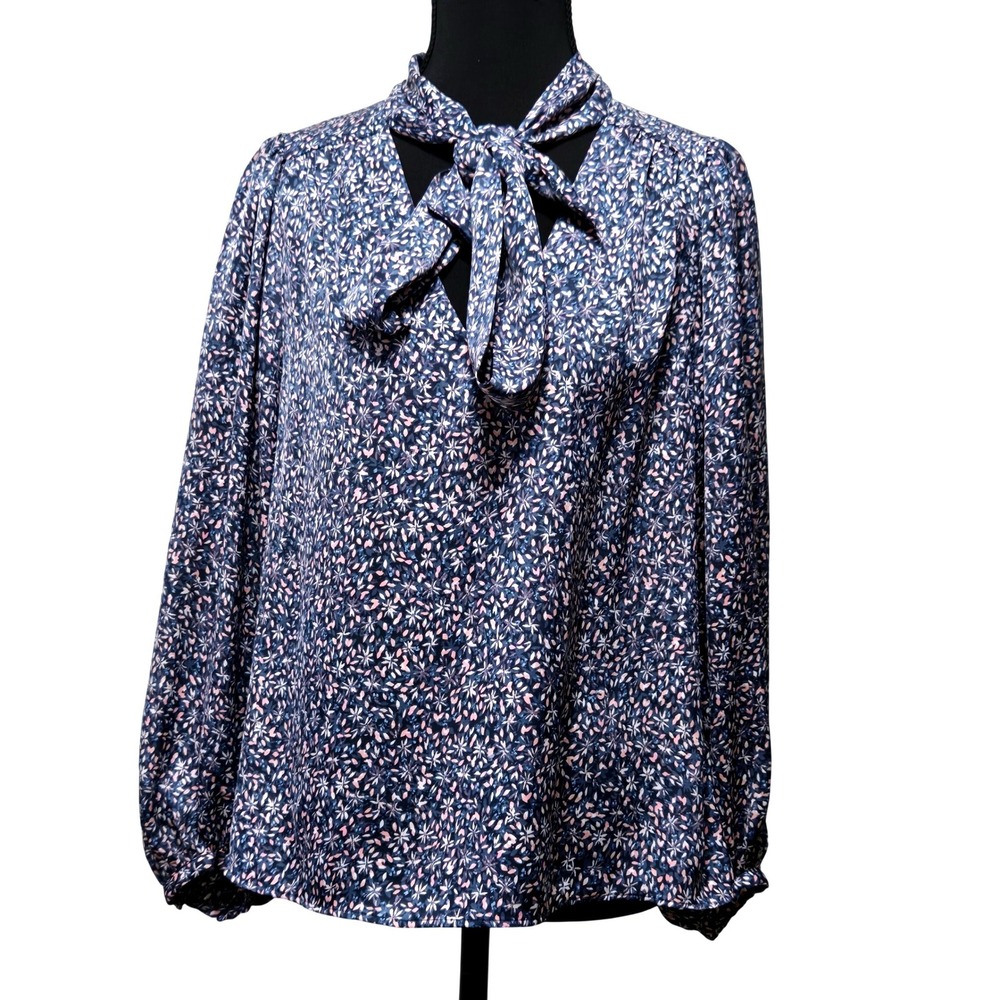 Banana Republic Blue Floral Tie Neck Satin Long Bell Sleeve Blouse Size S